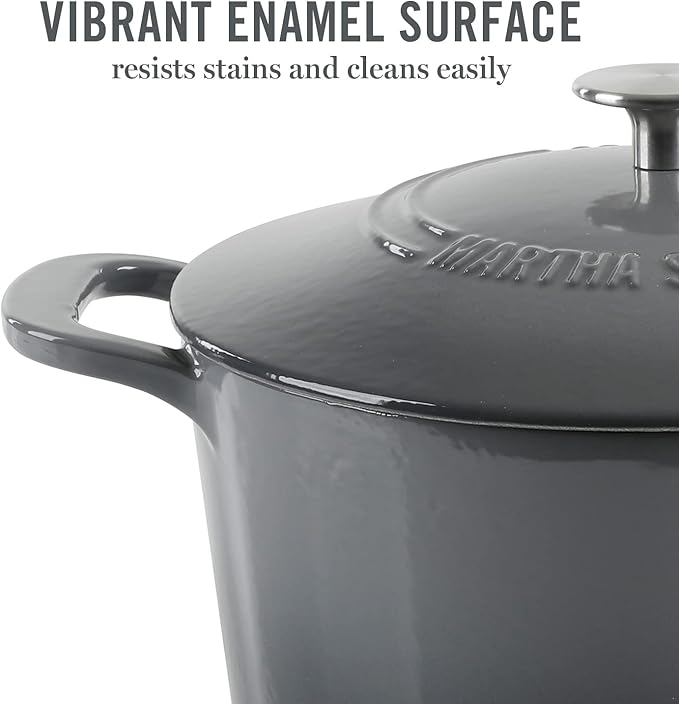 MARTHA STEWART Gatwick 7-Quart Enamel Cast Iron Dutch Oven – Classic Grey – Durable Heavy-Duty Dutch Oven for Slow Cooking, Braising & Baking