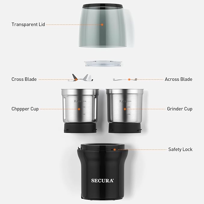 Secura Electric Coffee Grinder and Spice Grinder with Stainless Steel Blades, 2 Removable Bowls, Black
