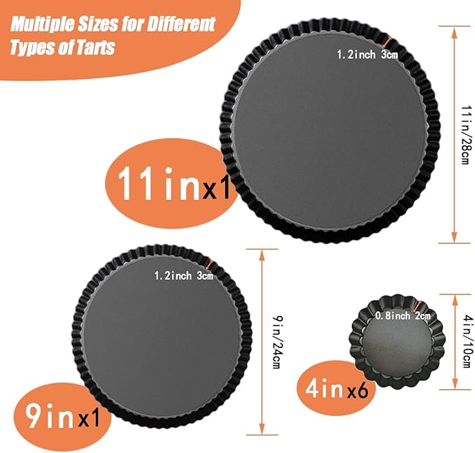 RICHSC-PAN Tart Pan Set, 11 & 9 Inch Tart Pans with 6Pcs 4 Inch Mini Pans. Removable Bottom, Non-Stick Coating, For Tart Quiche Pie Making. Suitable for Family Festivals and Gatherings.(8 Pack)