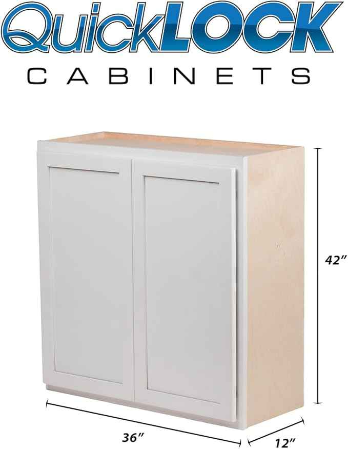 Quicklock RTA (Ready-to-Assemble) 42" Tall Wall Kitchen Cabinets - Shaker Style | 100% Hardwood | Made in America | Soft Close Hardware (Pure White, 12" D x 36" W x 42" H)