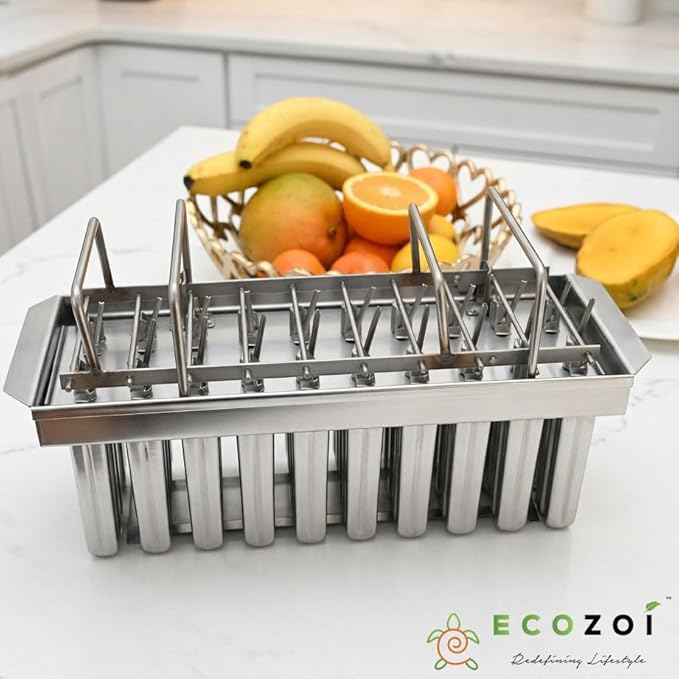 Ecozoi Stainless Steel Popsicle Molds, 20 Piece Set with Standing Rack, 50 Reusable Bamboo Sticks, 40 Silicone Sleeves, Plant Based Cleaning Brush