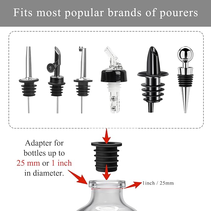 48-Pack Liquor Bottle Pourers with Adapters, Liquor Pour Spout Adapters set for for Large Olive Oil Bottles and Liquor Bottles - Up to 1 Inch/25mm Neck Converts Any Spout into a Large Pour Spout,Gold