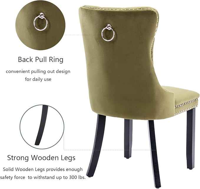 Velvet Dining Chairs Set of 2, Upholstered Dining Room Chairs with Back Ring Pull Trim and Solid Wood Legs,Tufted Wingback Kitchen Chairs for Dining Room,Living Room,Kitchen(Olive Green)