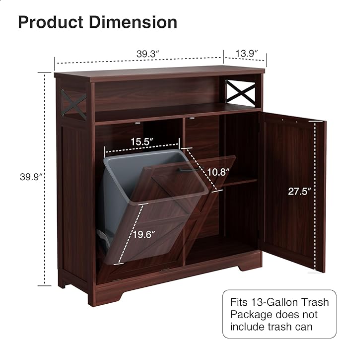 Tilt Out Trash Can Cabinet for 13 * 1 Gallon Trash Can, Farmhouse Kitchen Island Cabinet with Adjustable Shelf for Hidden Laundry Basket, Dog Proof Garbage Can for Dining Living Room, Dark Brown