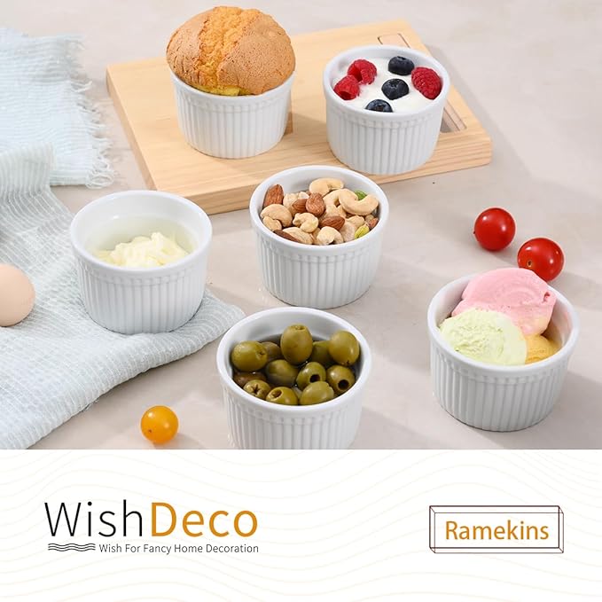 WishDeco Ramekins Set of 6, Creme Brulee Ramekins 7 oz, White Dipping Sauce Dishes, Porcelain Ramekin Bowls for Baking, Souffle, Custard Pudding, Cake, Oven Safe