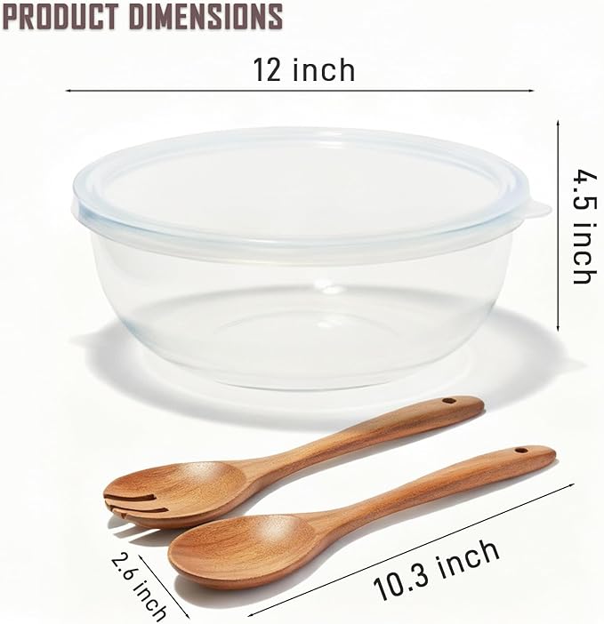 6.2Quart Large Glass Bowls with Lid,Thickened 12Inch Clear Glass Salad Cooking Bowls for Kitchen Salad Bread Storage, For Prepping, Marinating & Mixing Brining Kimch