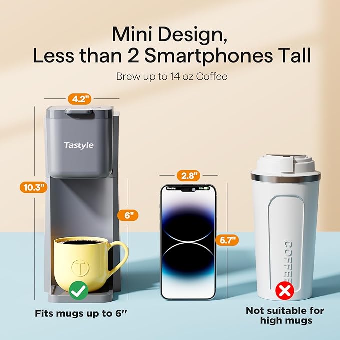 Tastyle Mini Hot and Iced Coffee Maker Single Serve, for K Cup and Ground, 6 to 14 Oz Brew Sizes, with Recipe Book, for Home, Travel, RV, Office and Dorm, Elegant Gray