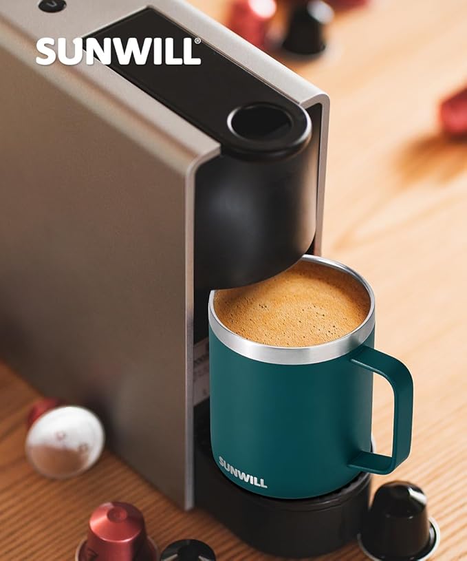 SUNWILL Travel Coffee Mug with Lid, Insulated Cup with Handle, 14 oz Stainless Steel Tumbler for Camping, Office, Outdoor, Powder Coated Dark Green