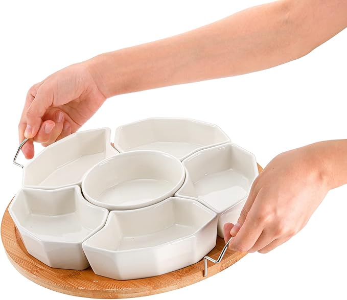 ZENFUN Chip and Dip Serving Set, 11'' Divided Serving Platters Tray for Party, 6-Compartment Removable Appetizer Snack Dishes, Round Sectional Serving Platter for Fruits, Condiment