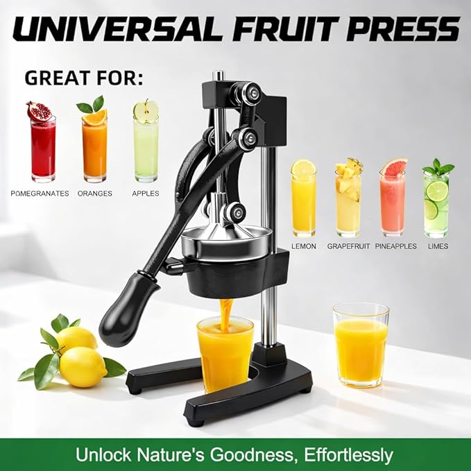 Cast Iron Juicer - Easy-to-Clean Heavy-Duty Manual Juicer, Professional Citrus Juicer Stainless Steel Lemon Squeezer - Manual Citrus Press & Orange Squeezer - Orange Juicer (Black)