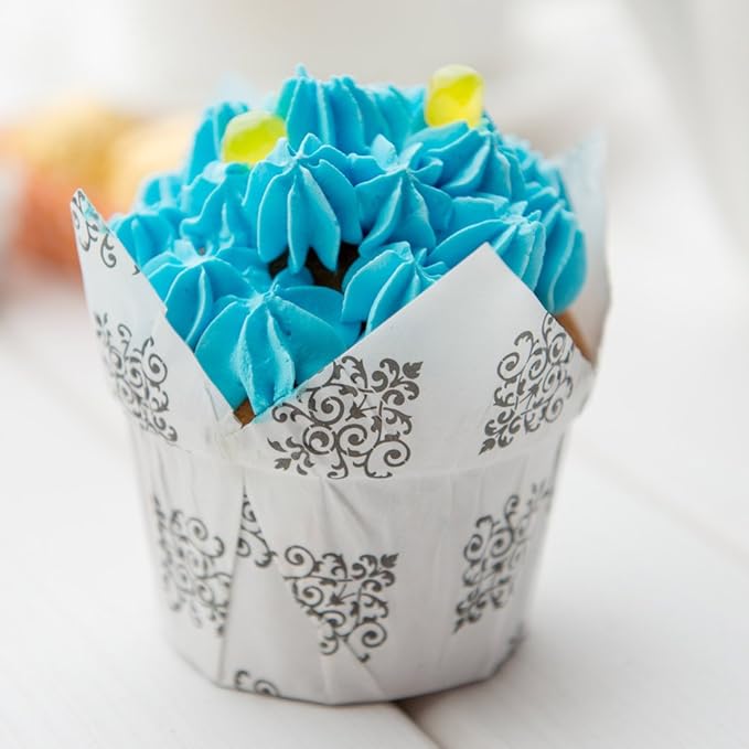 Restaurantware Panificio 1.2 Ounce Baking Cups 200 Tulip Cupcake Liners - Oven-Ready Freezable Black And White Paper Muffin Cases Disposable Vintage Floral For Wedding Parties Baby Showers
