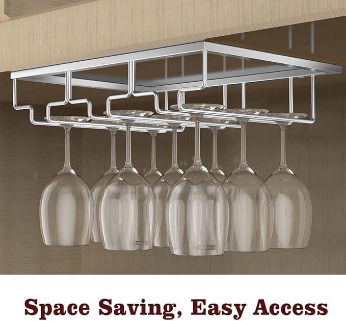 Nuovoware Wine Glass Rack, Wine Glass Hanger Rack Under Cabinet Stemware Holder Storage Hanger for Bar Kitchen Cabinet (3 Rows), Nano Silver