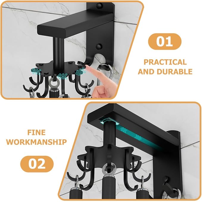 FRCOLOR Rotatable 8-Claw Kitchen Utensil Hooks Black Thickened Space Aluminum Alloy Swivel Wall Mount Organizer for Hanging Cooking Tools and Measuring Cups