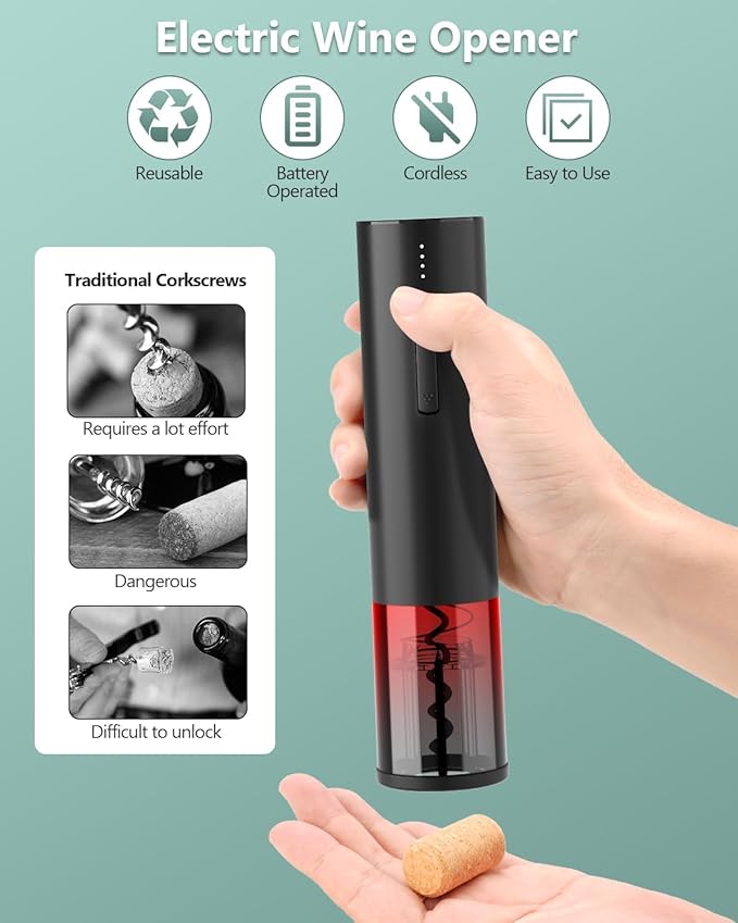 Electric Wine Opener Gift Set – Rechargeable Automatic Corkscrew with Aerator, Vacuum Seal Stoppers, Foil Cutter & Storage Base – 6-in-1 Wine Bottle Opener Kit for Wine Lovers, Women & Men