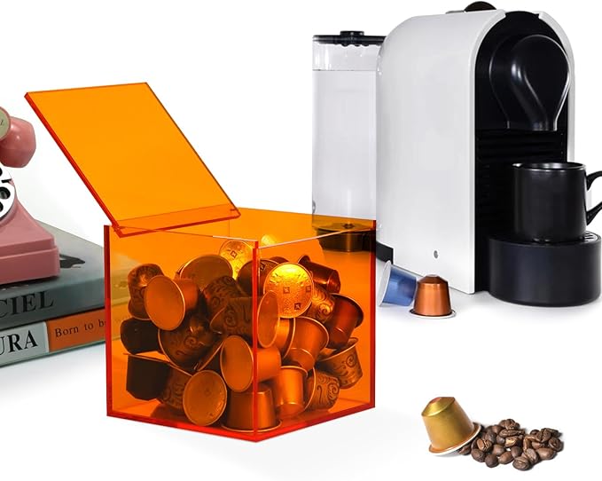 Coffee Capsule Storage Box Coffee Pod Holder Organizers Accessories Anti Dust Durable Clear Acrylic Box for House and Office Use, Orange, 5x5 In