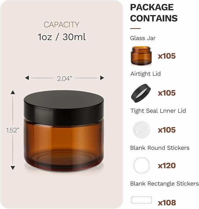 Bumobum 1 oz Amber Glass Jars with Lids, 105 pack Clear Small Jars with Black Lids, White Labels and Inner Liners, Empty Round Cosmetic Containers for Cream, Lotion (Amber 105 Pack)