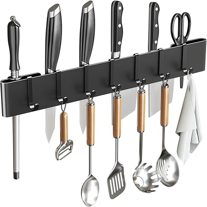 Kitchen Utensil Hanger: Wall Mount Holder Hanging Rack,7 Hooks Utensil Racks,No Drilling for Kitchen,Pantry,Bathroom,Livingroom 15.75 Inch (Black)