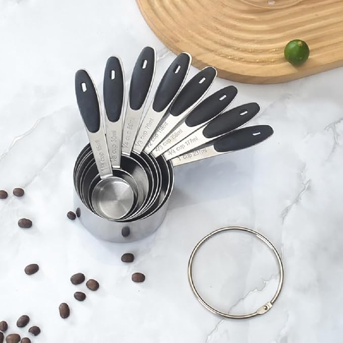 Measuring Cups and Spoons Set with Silicone Handle, Set of 13 Including Stainless Steel 8 Measuring Cups & 5 Measuring Spoons. Widely Used Cooking Baking Measurement as Kitchen Gadget.