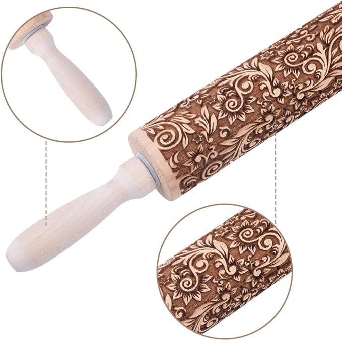 Embossed Wooden Rolling Pin Vine Print 35cm Rolling Pin for Baking Biscuits 3D Pattern DIY Kitchen Tool Baking Accessories Homemade Bakery Pastry Cookie Fondant Dough Pizza
