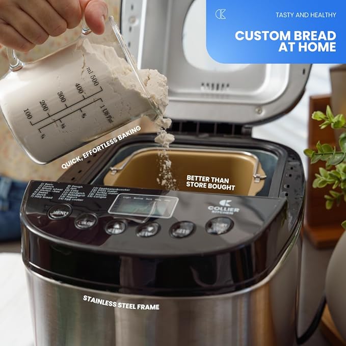 Automatic Bread Maker – Compact Home Bread Machine with 15+ Settings, Viewing Window & Adjustable Crust Control – 2lb Capacity Non-Stick Pan – Stainless Steel