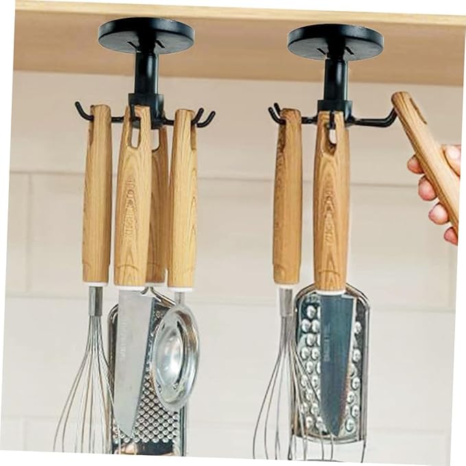 GLEAVI 3pcs Kitchen Utensil Organizer Hooks Rotating Adhesive Under Cabinet Hanger Rack for Cooking Tools and Measuring Spoons in Black