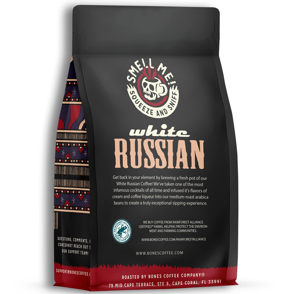 Bones Coffee Company White Russian, Cream and Cocktail Flavored Coffee, Medium Roast Low Acid Arabica Beans Compatible with Auto drip and French Press Coffee Maker, 12 Oz Whole Bean