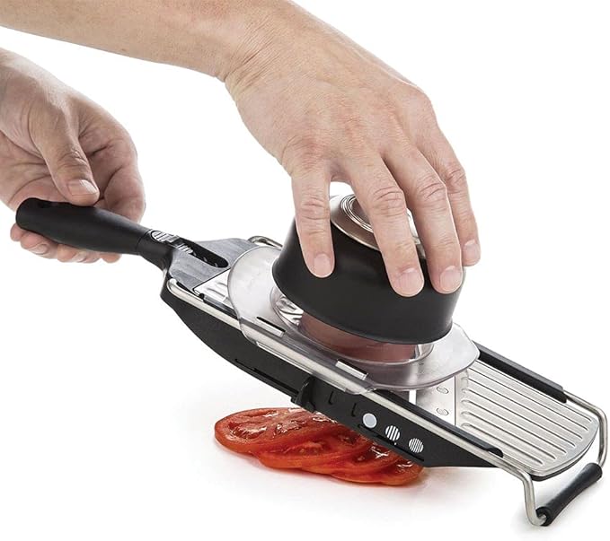 PL8 Professional Slicer - Adjustable 3-in-1 Slicing & Julienne Tool with Stainless Steel Slicing Ramp, Integrated Blades, Safety Hand Guard and soft-grip handle.