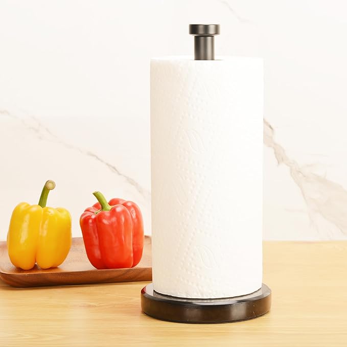 Paper Towel Holder Countertop, Heavy Weighted Black Marble Paper Towels Holder for Kitchen Counter, Modern Standing Papertowel Roll Holders(Matte Black Stainless Steel Bar, Black Natural Marble Base)