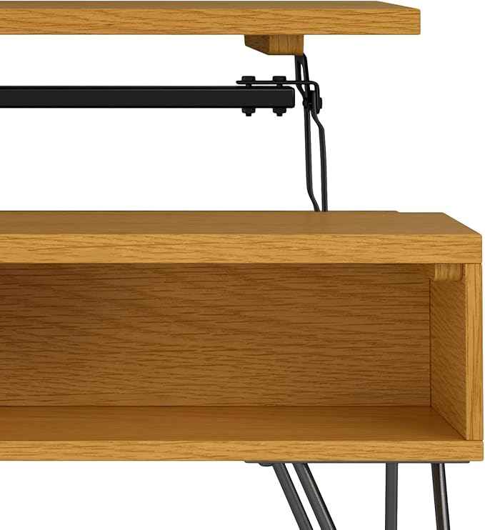 SIMPLIHOME Hunter Small Lift Top Coffee Table - 36 inch Wide Oak Veneer and Metal Industrial Cocktail Table in Oak, Living Room Table with Hidden Storage, 2 Cubbies, and Hairpin Legs