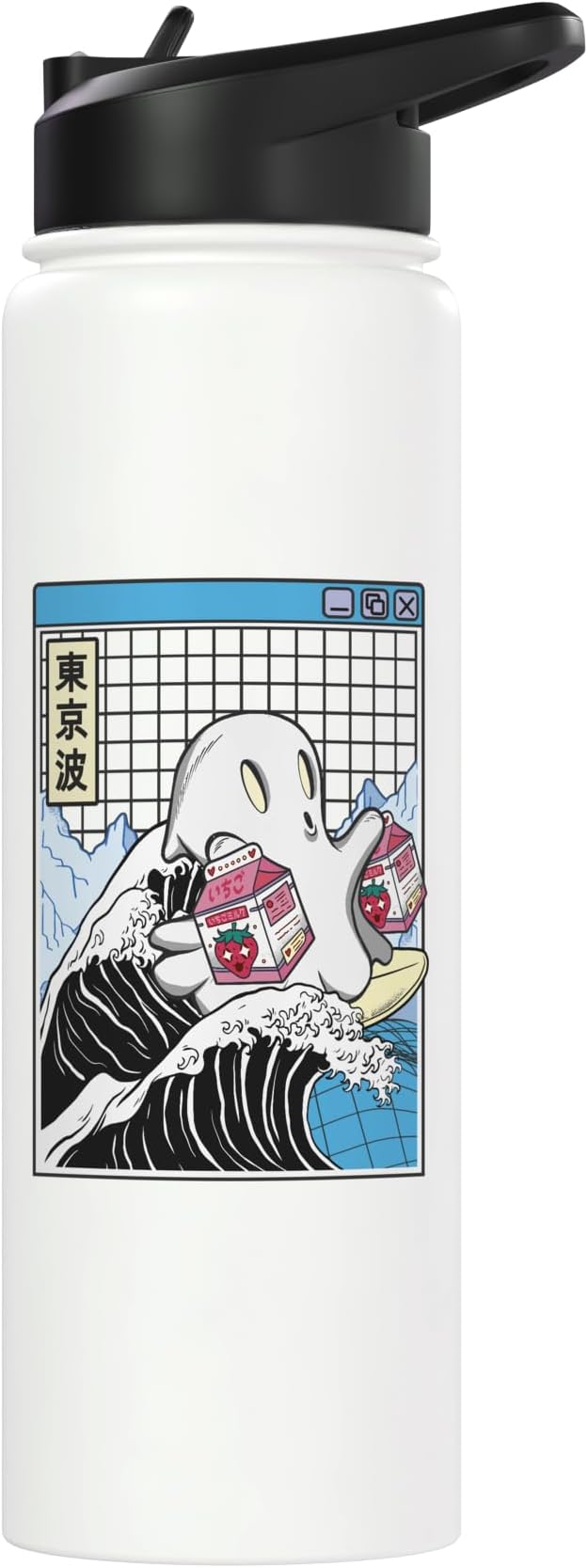 Surfing Ghost Strawberry Milk Cartons Anime Kawaii Vaporwave Stainless Steel Insulated Water Bottle