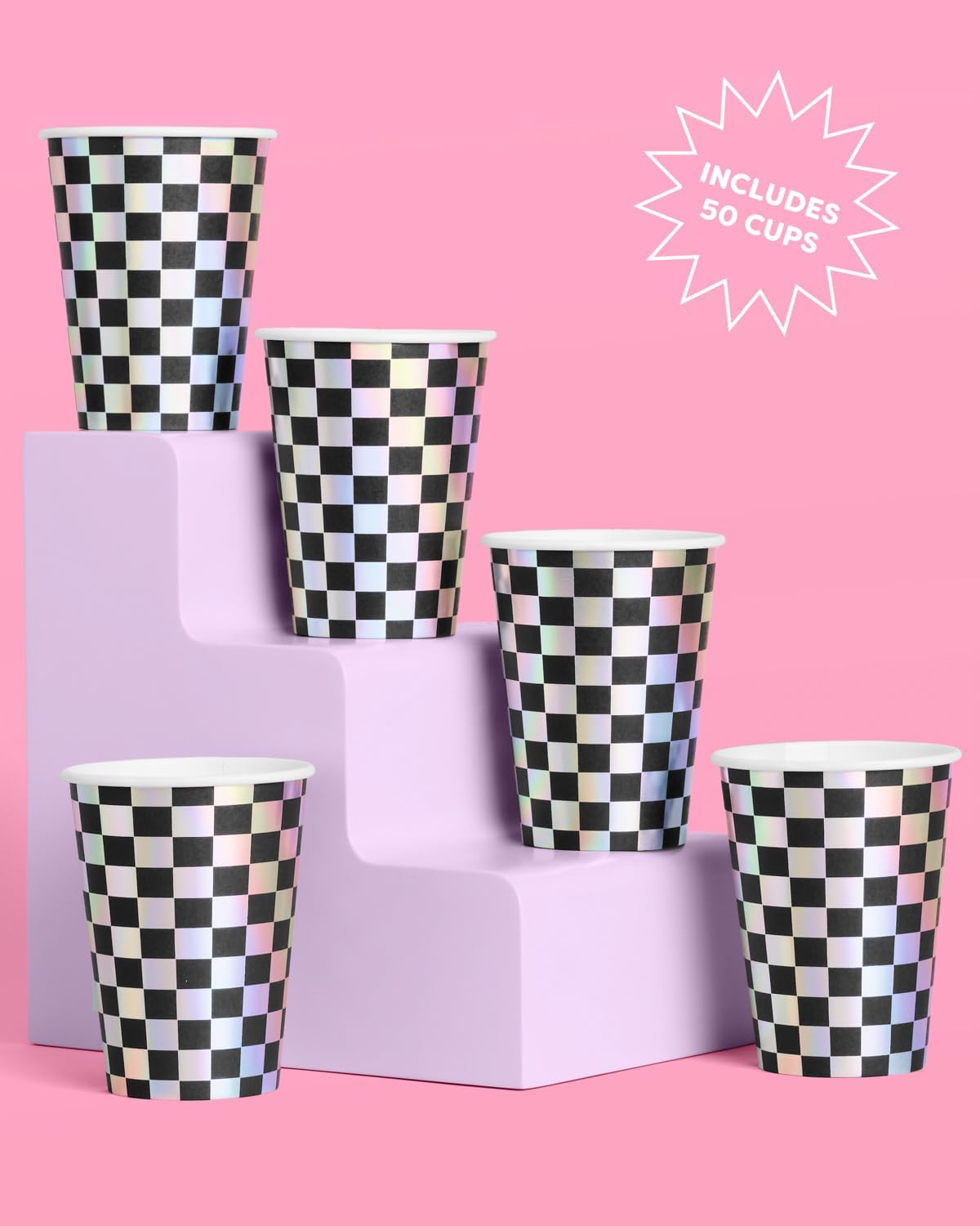 xo, Fetti Party Decorations Checkered Black + Iridescent Paper Cups - 50 Disposable 14 oz Cups | Bachelorette Party Cups, Birthday Party Supplies, Racecar Kids Drinkware Favors, Disco Rave Decor