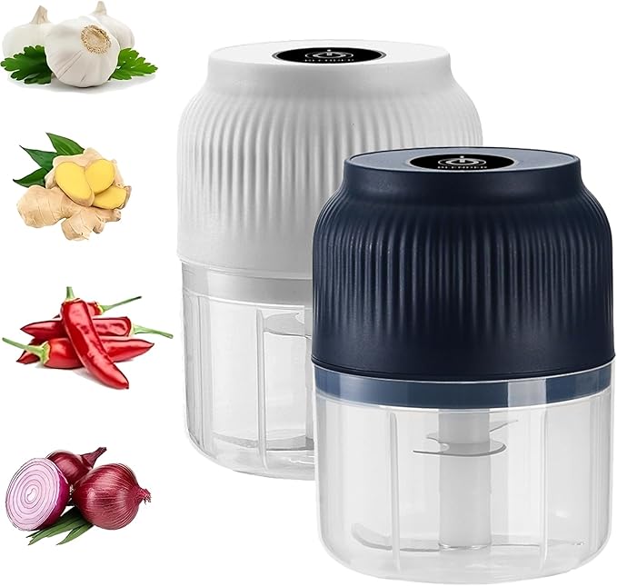 Electric Garlic Chopper,Mini Portable Veggie Cutter,Upgrade Electric Mini Garlic Chopper Set,Vegetable Chopper and Spiralizer with Container and Lid,USB Rechargeable (Blue+White)