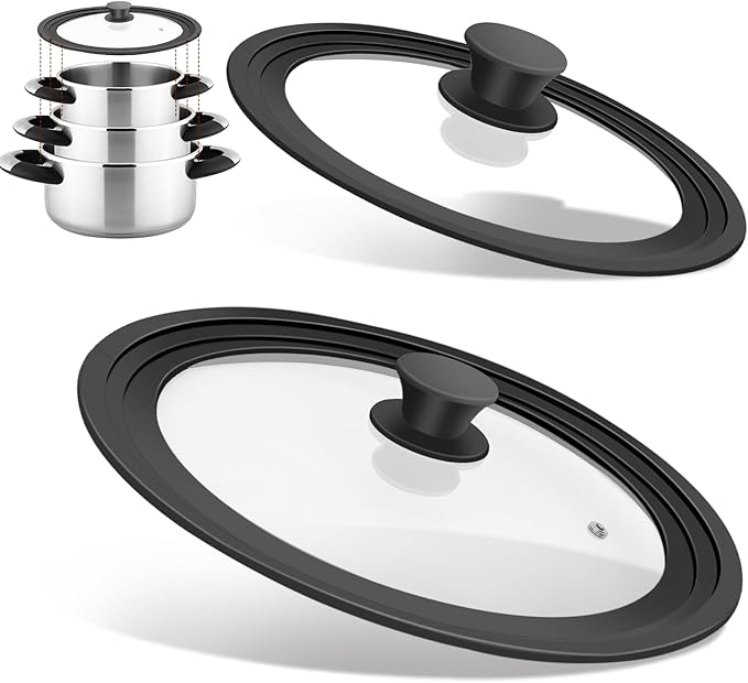 Universal Lids for Pots, Pans and Skillets, Fits 7", 8", 9", 10", 11", 12" Cookware, Universal Pan Lid and Pot Lid with Tempered Glass and Silicone Edging (2 Pack)