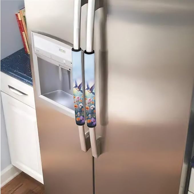 Refrigerator Door Handle Covers Pack of 6 Anti-Stain Kitchen Electrical Appliances Handle Protector Fridge Microwave Oven Decor and Accessories, Hummingbird Daisy Flower Blue