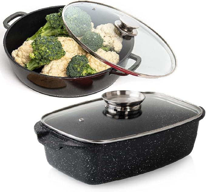 Moss & Stone Die Cast Aluminum Oval Roaster Pot 12-Inch, Induction Compatible, Hard Anodized Nonstick Pasta Pot with Glass Lid, Roaster Oven Safe 6 Quart Bundle With 12 Inch Aluminum Pan Non-Stick Coo