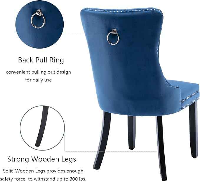 Upholstered Dining Chairs Set of 4, Velvet Dining Room Chairs with Back Ring Pull Trim and Solid Wood Legs, Tufted Wingback Kitchen Chair Perfect for Dining Room,Living Room,Kitchen(Blue)