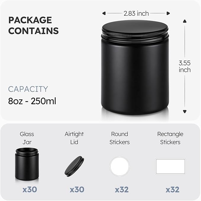Tecohouse 8oz Black Glass Jars with Lids, 30 Pack Candle Jars with Blank Labels, 250g Wide Mouth | Lotion Container for Sample, Cream, Lotion, Honey, Powder, Jelly | Home & Beauty