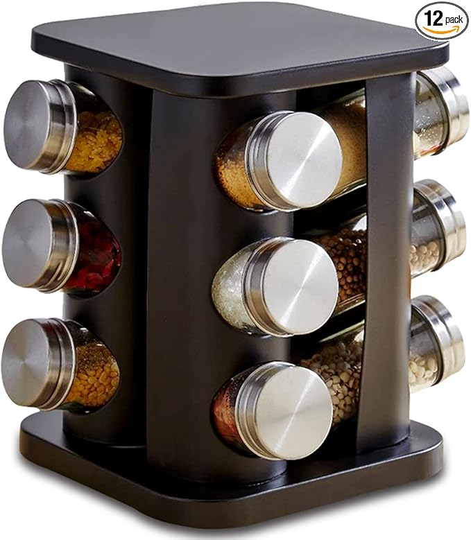 Revolving Spice Rack Organizer with 12 Jars, Countertop Spice Seasoning Rack Tower with 12 Glass Jar Bottles Refillable for Kitchen Cabinet, Stainless Steel, Black