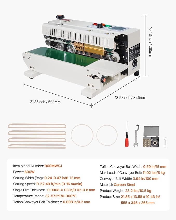 VEVOR Continuous Bag Band Sealing Machine, 0.24-0.47 in/6-12 mm Seal Width, Horizontal Band Sealer Machine with Digital Temperature Control, Bag Sealer for 0.02-0.8 mm Plastic Bags with Count Function