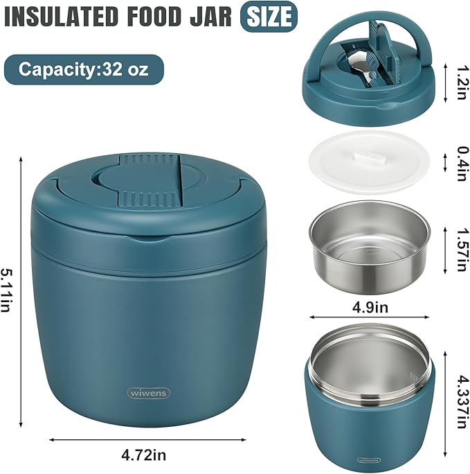 wiwens Thermo Food Jar for Hot Food Adults 32OZ Soup Thermo Lunch Containers Wide Mouth Vacuum Insulated Stainless Steel Leakproof Bento Box with Spoon (lake blue)