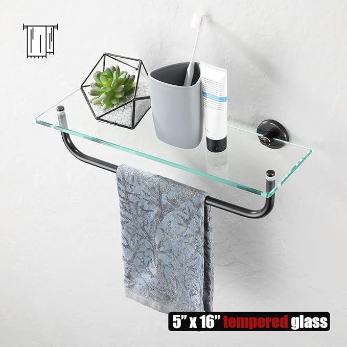 JQK Bathroom Glass Shelf Bronze, Shelf with 15 Inch Towel Bar Tempered Glass Shower Storage 16 by 5 inches, 304 Stainless Steel Oil Rubbed Bronze Wall Mount, TGS100-ORB