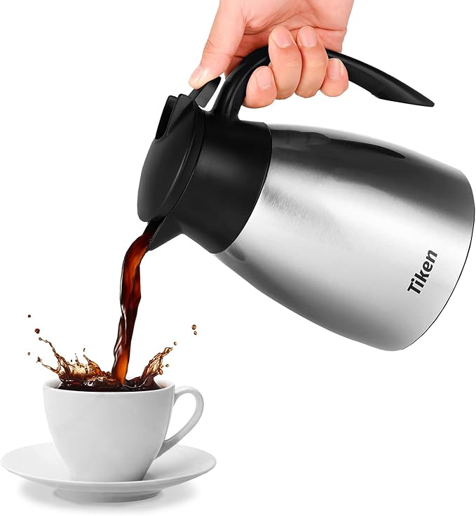 Tiken 34 Oz (1 L) Stainless Steel Thermal Coffee Carafe and French Press Coffee Maker, Silver