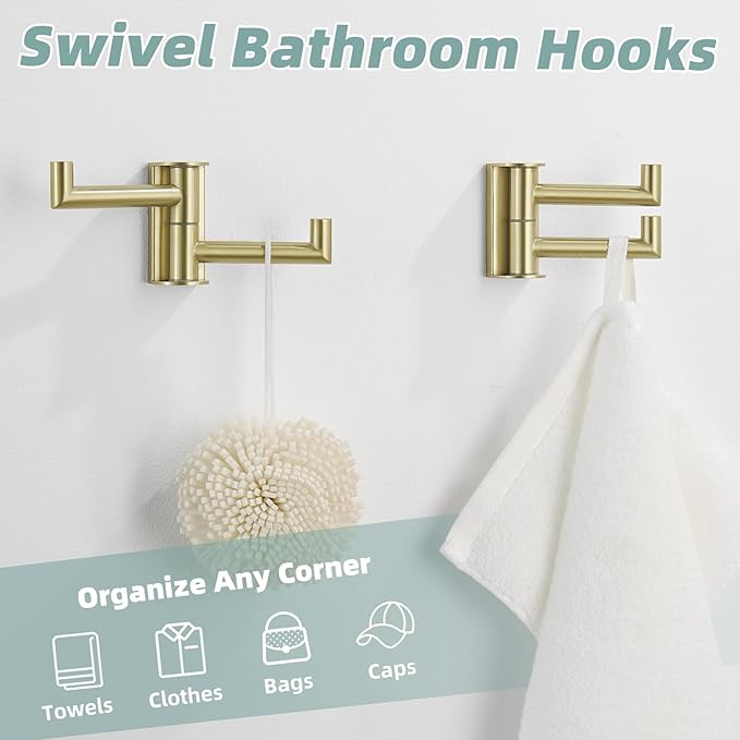 APLusee 2-Pack Brushed Gold Swivel Double Towel Hooks, 304 Stainless Steel Wall Hooks with 2 Arms, Space-Saving Towel Hangers for Bathroom Kitchen RV