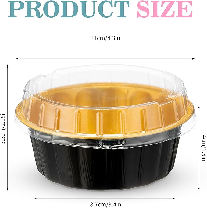 Tessco for you 100 Pcs Disposable Ramekins with Lids 8 oz Creme Brulee Ramekin Aluminum Foil Cup Cupcake Liner Baking Valentines Disposable Muffin Tin Pan Cheesecake Container (Black,Gold)