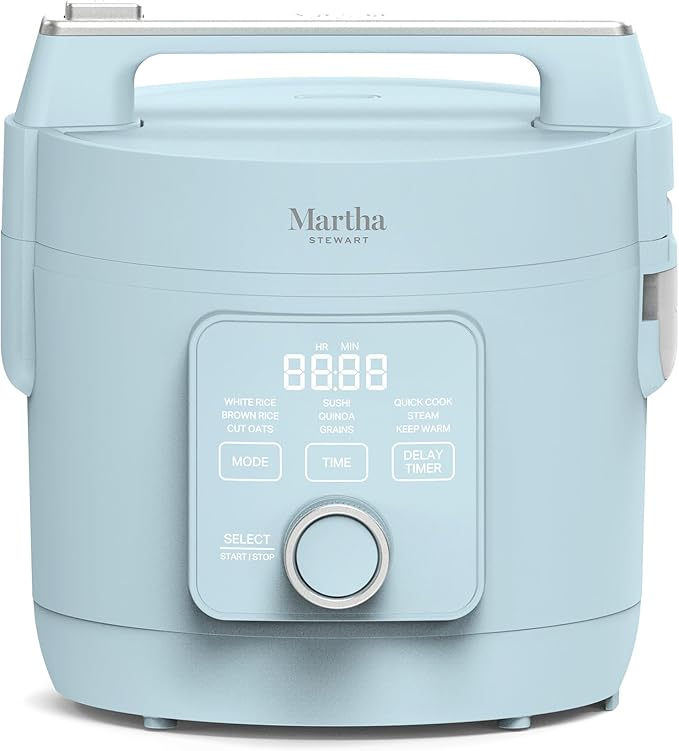 Martha Stewart Rice Cooker, 4 Cup (Uncooked) / 8 Cup (Cooked), Ceramic Non-Stick Removable Pot, Keep Warm, Measure Markings, Steam Basket, Brown & Sushi Rice, Quick Cook, Quinoa, Grains, Oats, Sky Blue