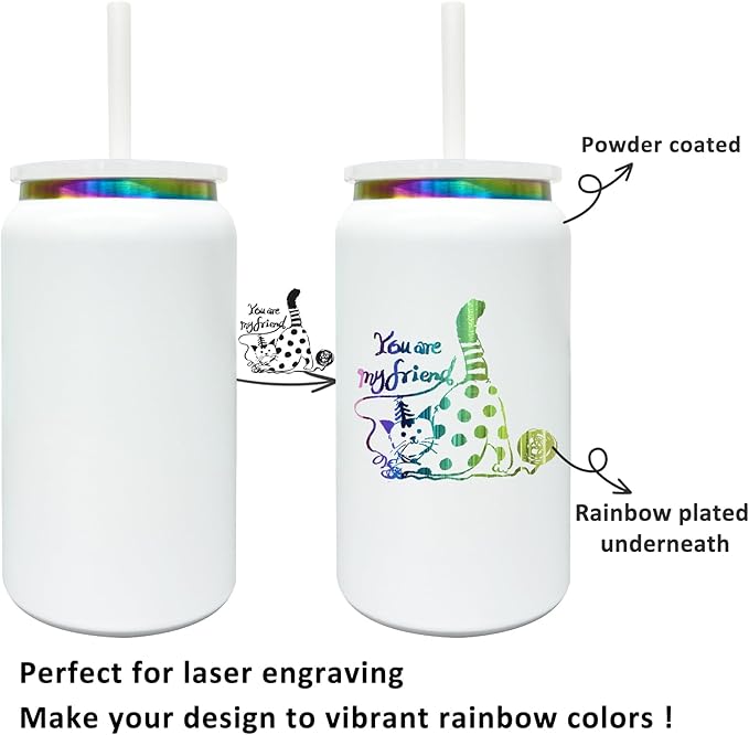Glass Cups with Lids and Straws, 16 oz Stainless Steel Cups, Insulated Skinny Tumbler, Powder Coated Travel Mugs for Laser Engrave, Iced Coffee Cup for Smoothie Water DIY Gift (White,1 pack)
