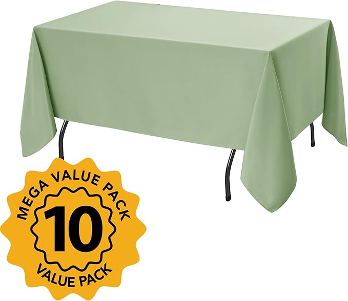 10-Pack Sage Green Tablecloths for Rectangle Tables, 70 x 120 Inches, Stain-Resistant Polyester Fabric for 6 Foot Tables - Washable Table Covers for Weddings, Birthday Parties, Events