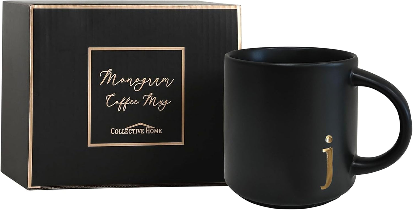 COLLECTIVE HOME - Black Monogram Ceramic Mugs, 15 oz Golden Initial Coffee Cups, Elegant Alphabet Tea Mugs, Personalized Halloween Mug with Gift Box, Perfect for Office and Home Décor (j)