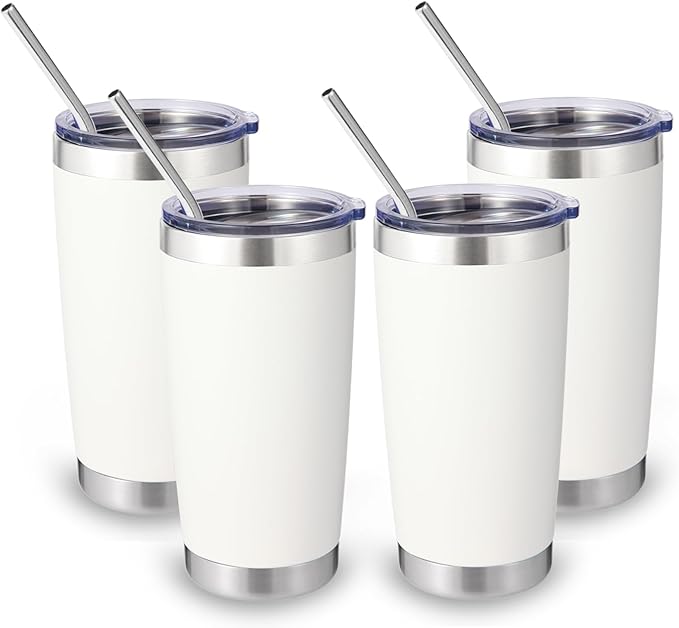 Volhoply 20oz Stainless Steel Tumbler with Lid and Straw Bulk 4 Pack,Double Wall Insulated Travel Iced Coffee Mug Fits Cup holder,Powder Coated Cups for Hot/Cold Drinks,Christmas Gifts（White,4 Set）