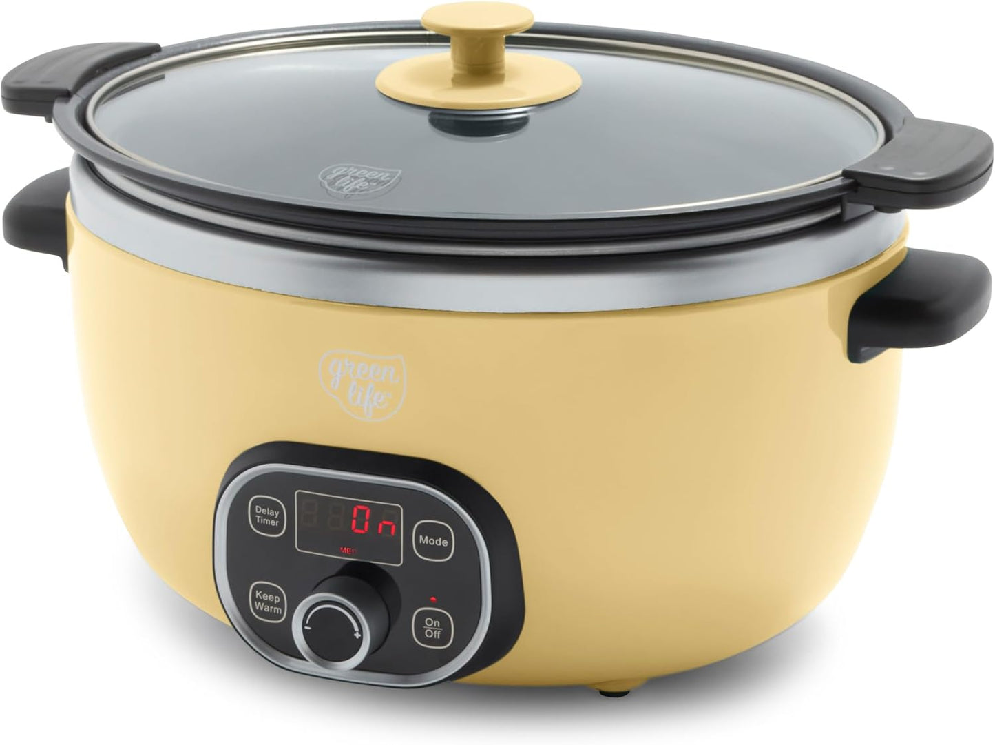 GreenLife 6QT Slow Cooker, Non-Toxic PFAS-Free Ceramic Nonstick Removable Interior Bowl, Programmable, Family Friendly, Keep Warm, Stovetop & Oven Safe, Dishwasher Safe Parts, Timer, Glass Lid, Yellow